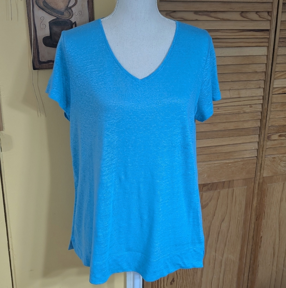 J. Jill Love Linen Blue V-Neck Women's Slub Top Size M